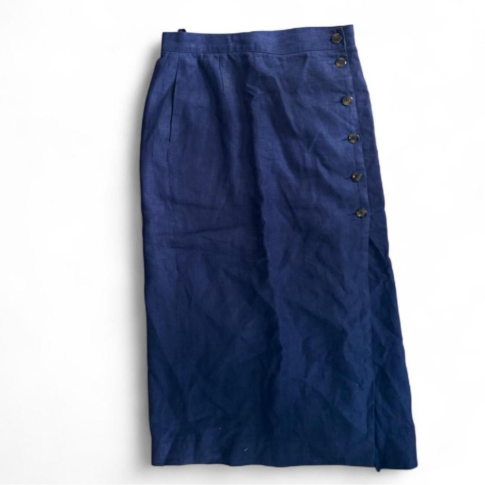 Vintage Liz Claiborne Navy Blue Linen Midi Skirt Side Button Slit Size 12